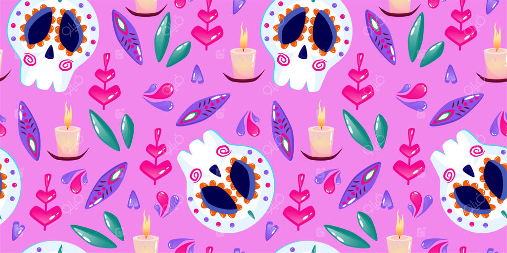 پترن مردگان با شمع جمجمه و قلب - جشن روز مردگان مکزیک - پس‌زمینه بی‌وقفه گلدار با چهره جمجمه و نوار گل - پس‌زمینه صورتی برای هالووین