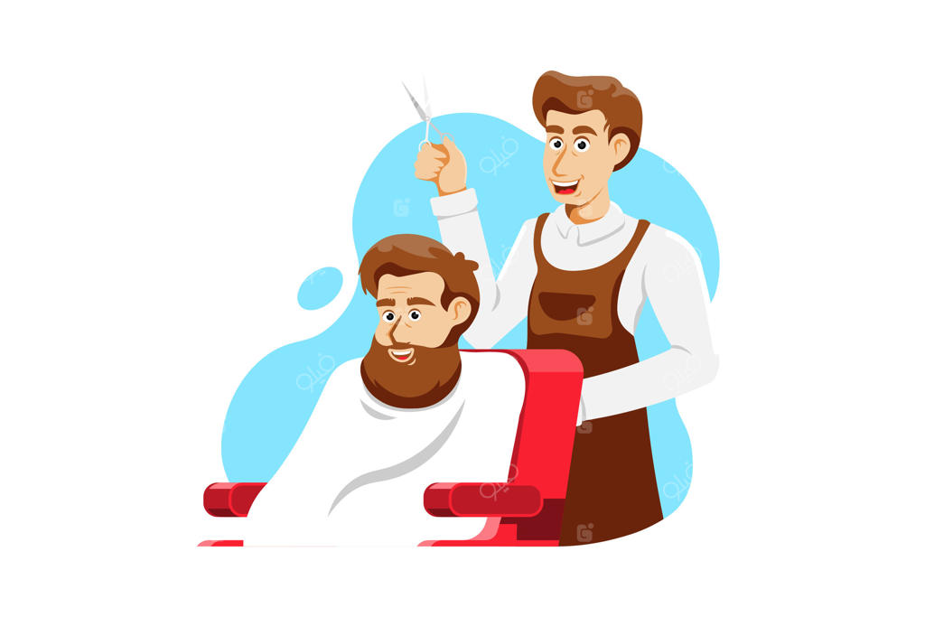 آرایشگر مرد در حال کوتاه کردن موهای مشتری با پس‌زمینه مجزا، تصویر وکتور.