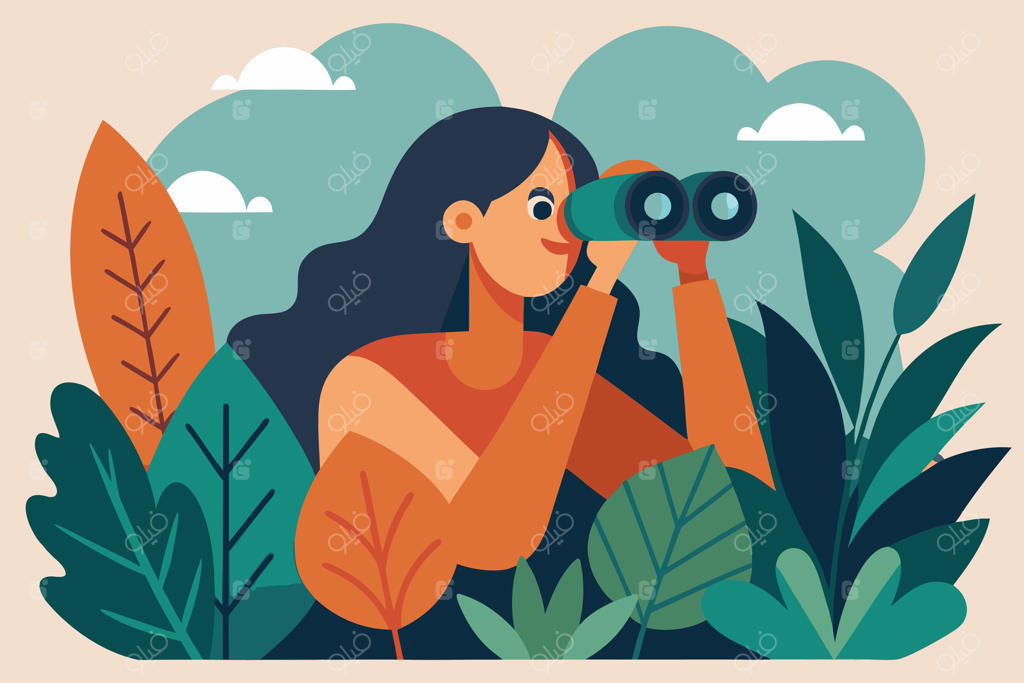 زن در حال تماشا با دوربین دوچشمی در میان گیاهان و ابرهای استایلیزه با طراحی تخت