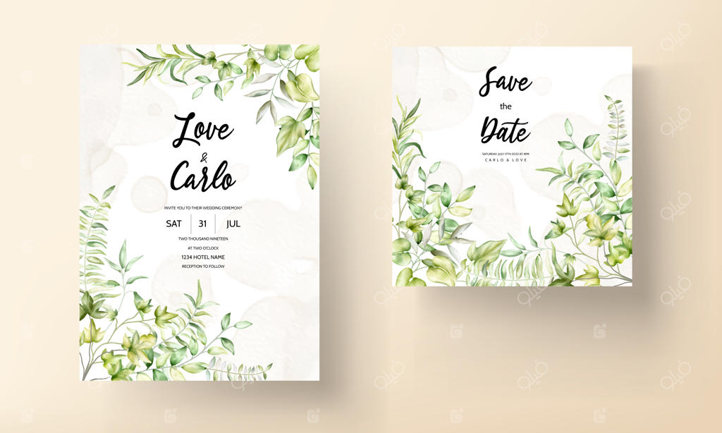 کارت دعوت عروسی زیبا با طرح برگ‌های آبرنگی سبز