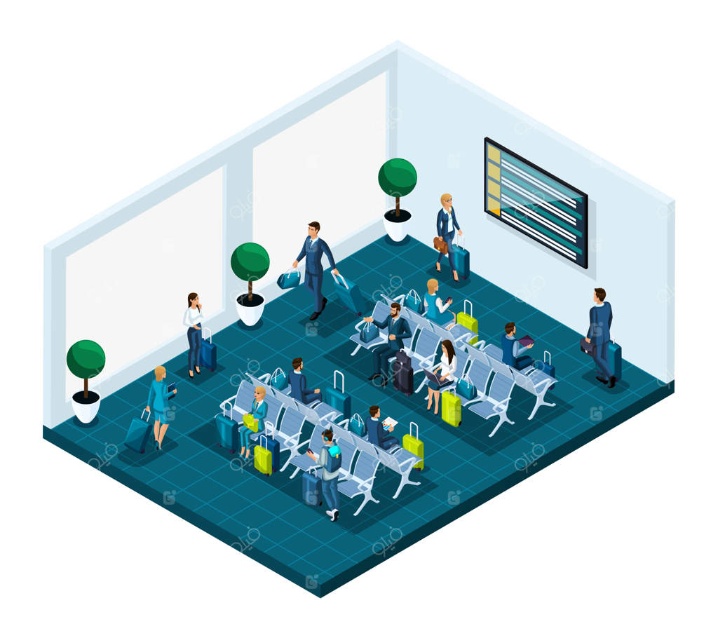 اتاق انتظار ایزومتریک در فرودگاه بین‌المللی: بانوها و آقایان تاجر در سفر کاری، مسافران با چمدان منتظر پرواز به هواپیما