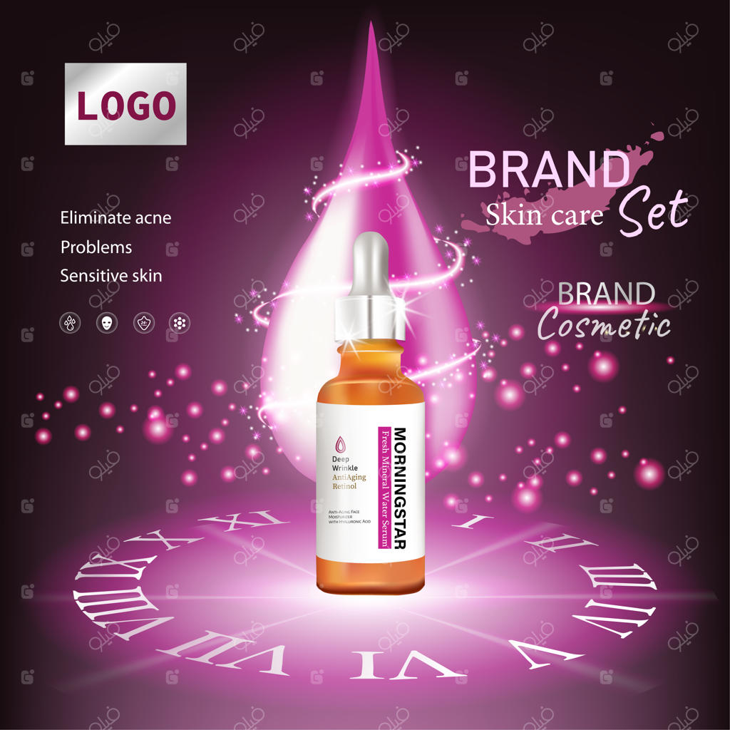 آگهی‌های مرطوب‌کننده و محصولات مراقبت از پوست با پس‌زمینه صورتی و نورپردازی خاص و گل‌ها