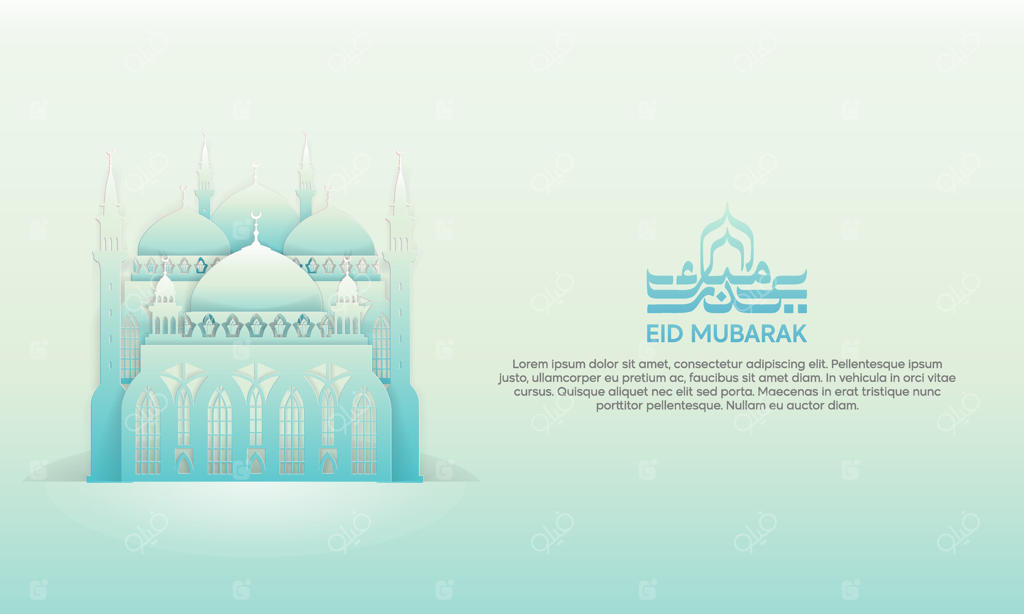 عید مبارک با تصویر مسجد زیبا در پس‌زمینه روشن