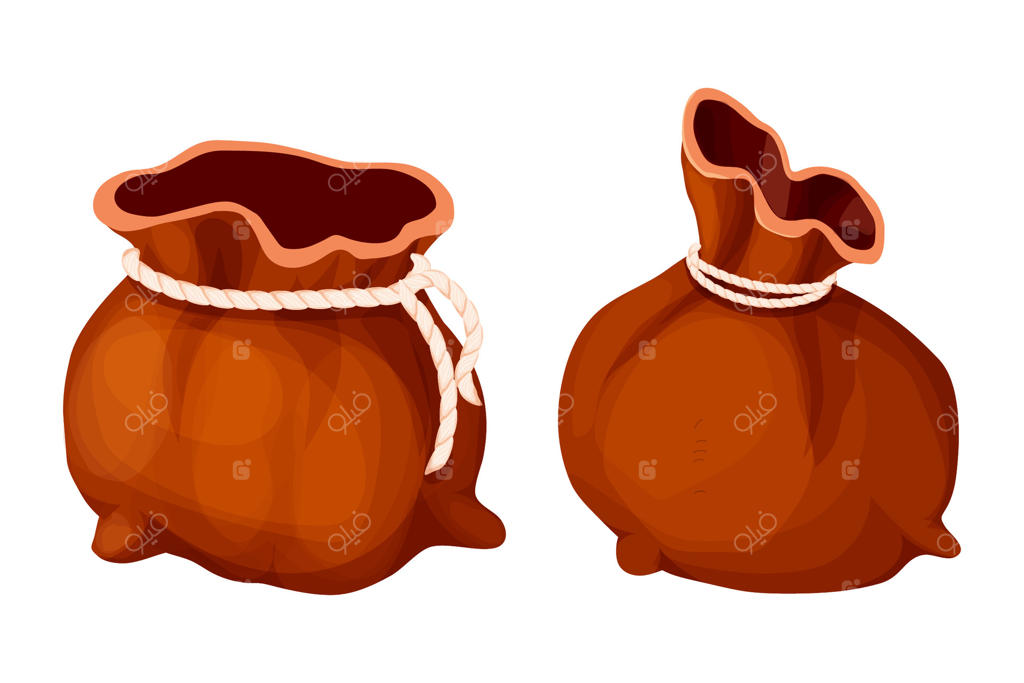 کیسه، گونی خالی با طناب روی زمینه سفید. عناصر بازی. گنج یا جایزه.