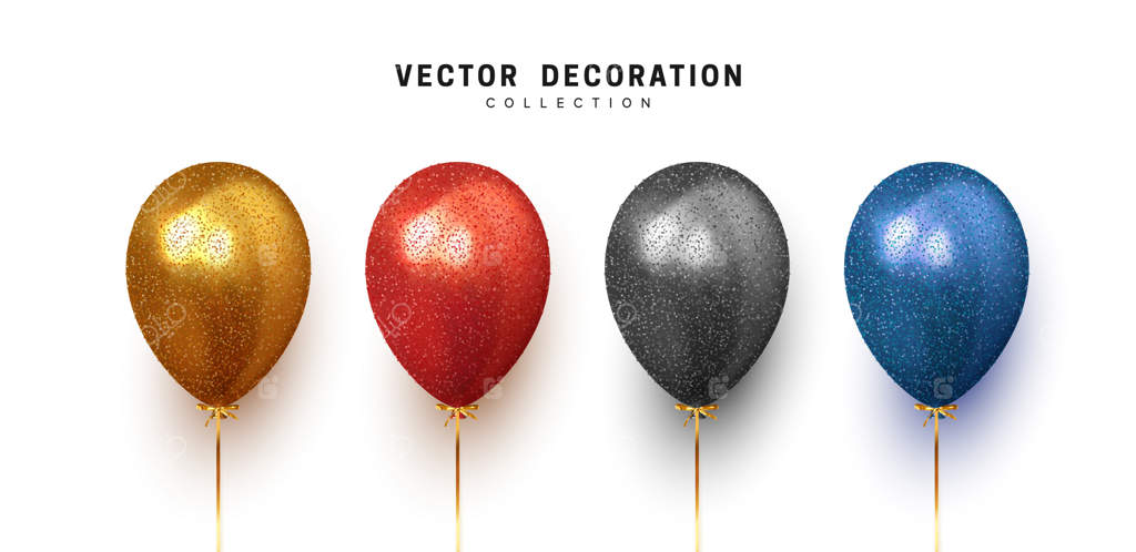 بالون‌های رنگارنگ و مجزا: بالون‌های طلایی، سیاه، سرخ و آبی. تصویر وکتور واقع‌گرایانه
