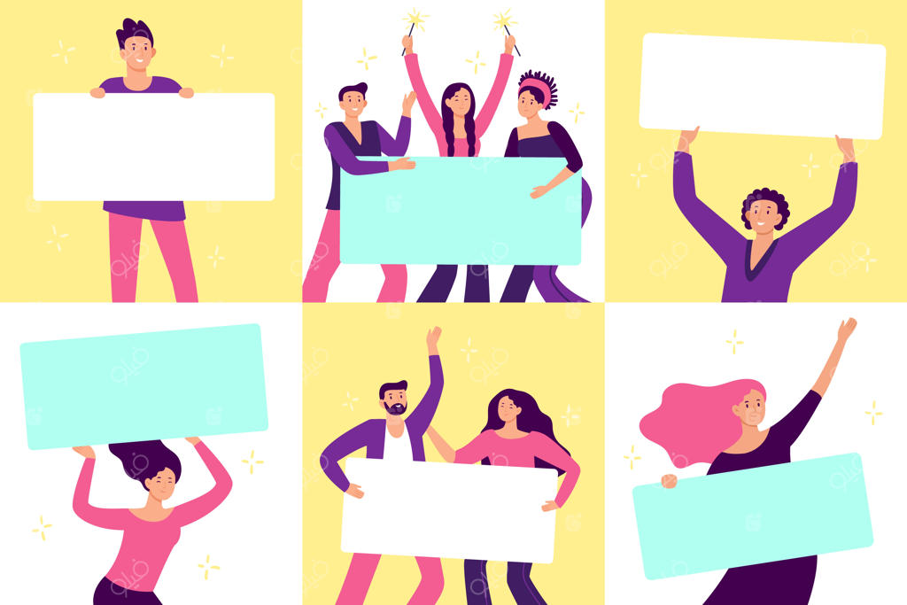 مردم با بنرهای تبلیغاتی. جشن کمپین، زن و مرد با پلاکارد. تصویر وکتور