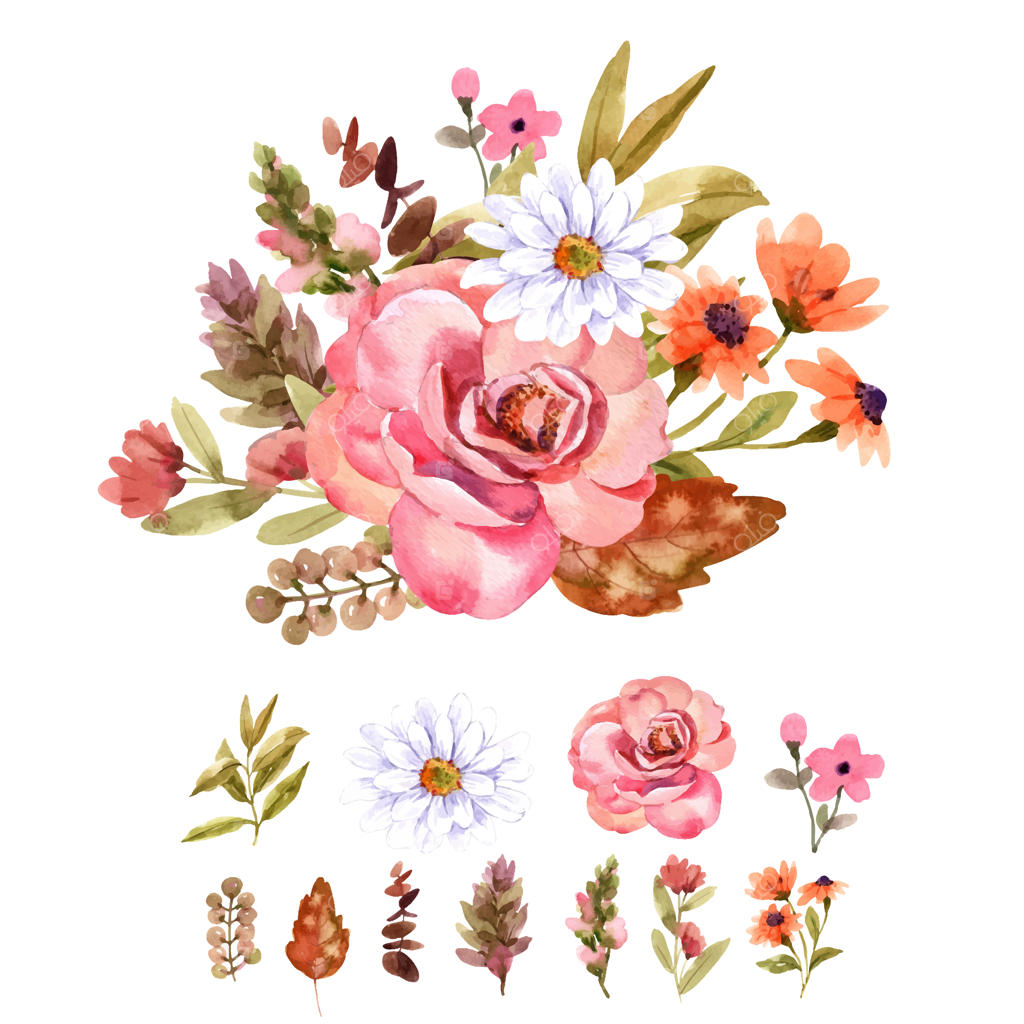 مجموعه‌ای از دسته‌گل‌ها با آبرنگ