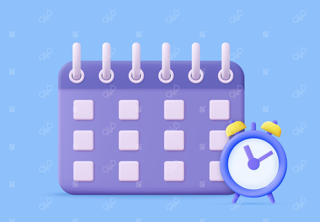 آیکون تقویم سه‌بعدی: طراحی کارتونی ساده ساعت آلارم. مفهوم روز، ماه، سال و زمان. بنر وب‌سایت. رندر سه‌بعدی. تصویرسازی وکتور