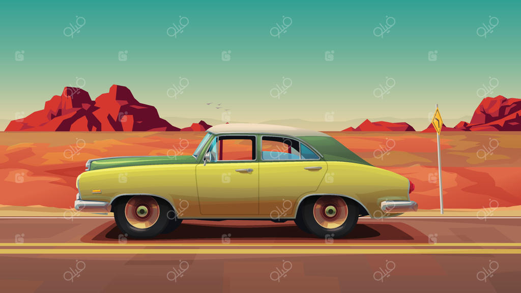 نمای کناری یک خودروی کلاسیک در بیابان