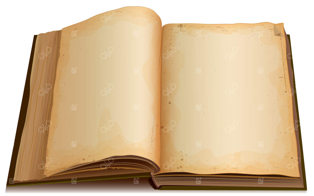 کتاب باز با صفحات قدیمی و زرد شده در پس زمینه سفید