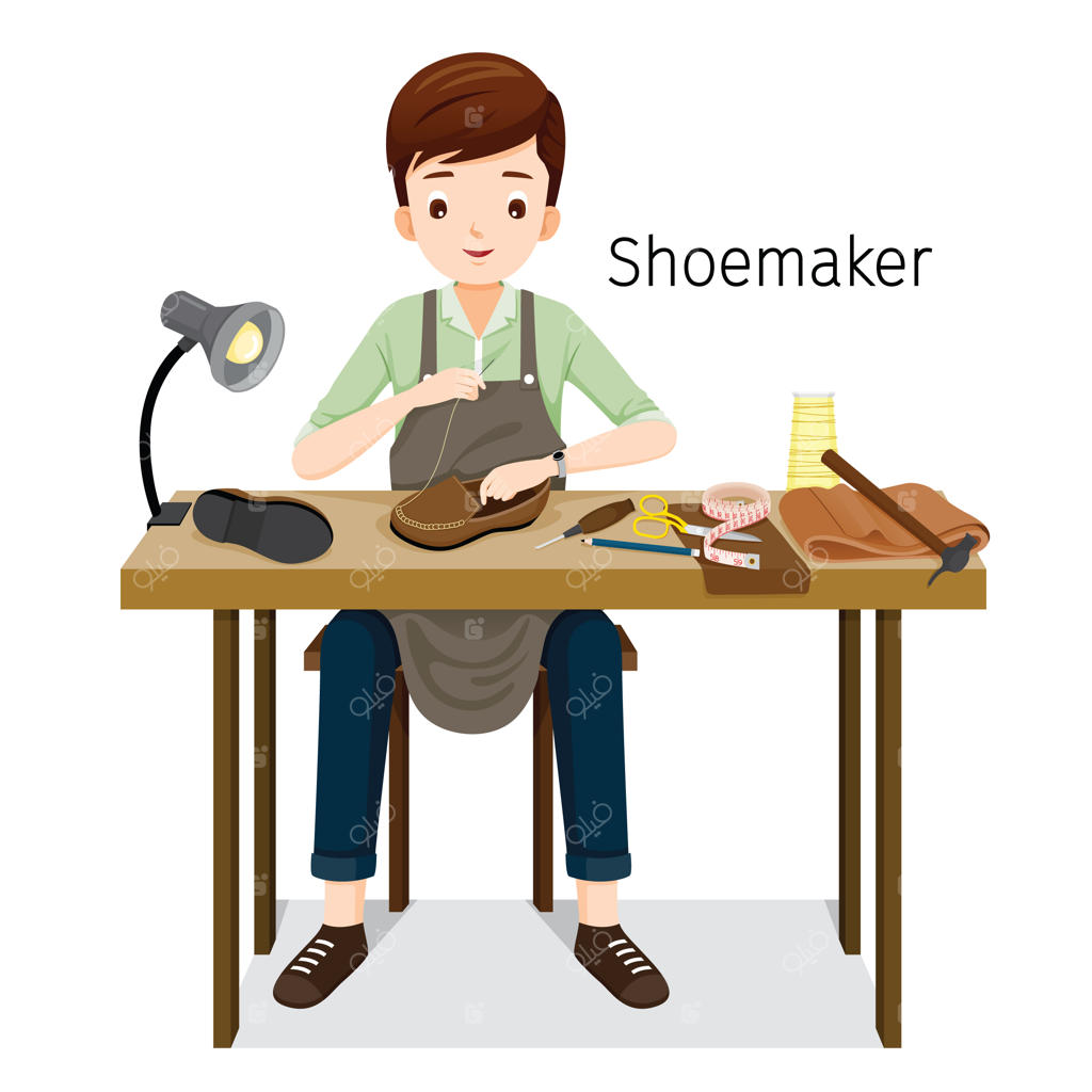 کفاش در حال تعمیر کفش مردانه، او در حال دوختن کفش است.