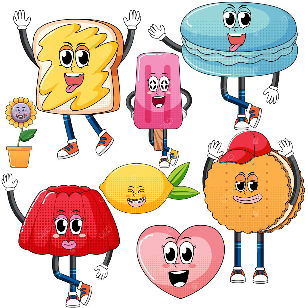 مجموعه‌ای از حالات چهره با سبک کارتونی قدیمی غذا در پس‌زمینه سفید