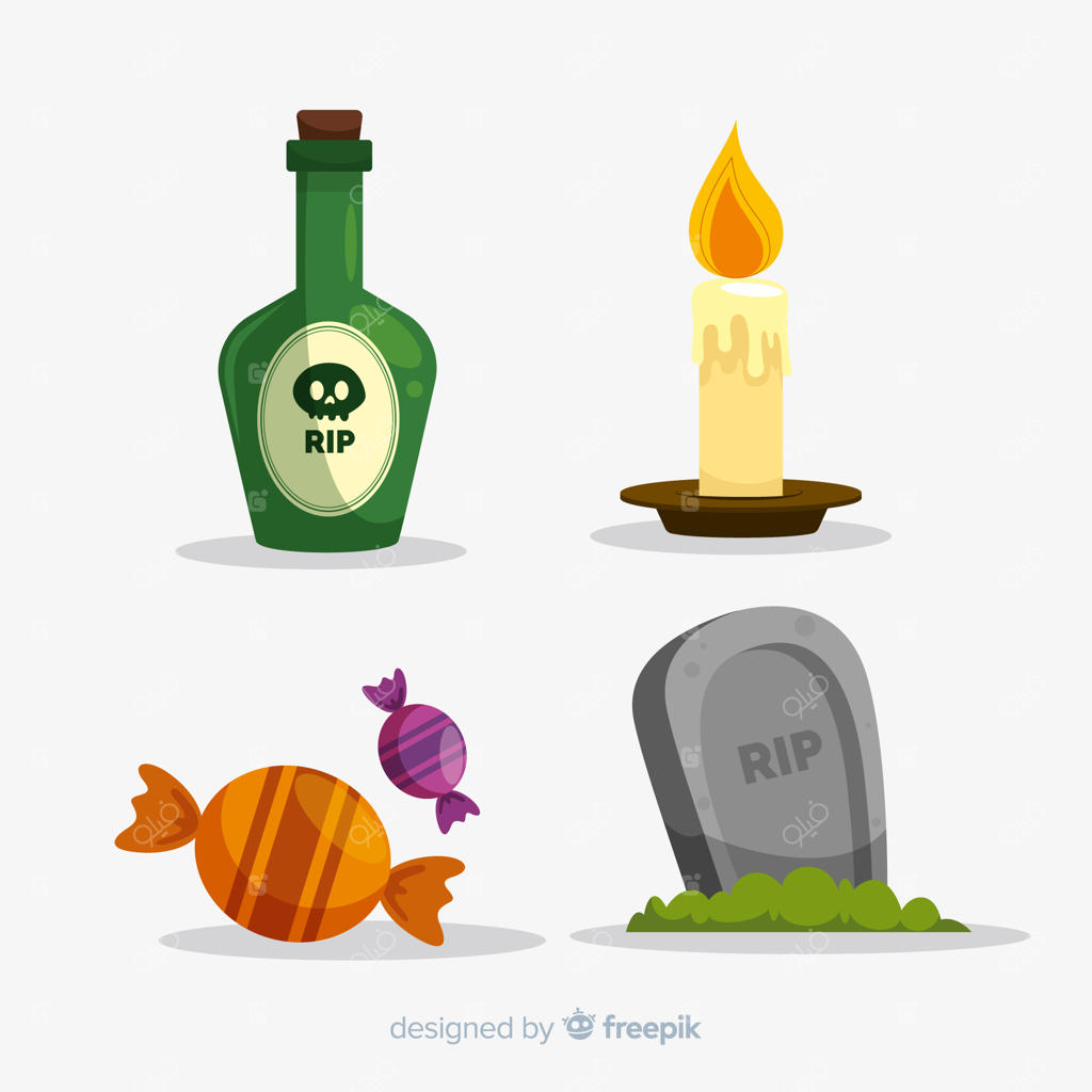 مجموعه‌ای از عناصر هالووین به سبک تخت