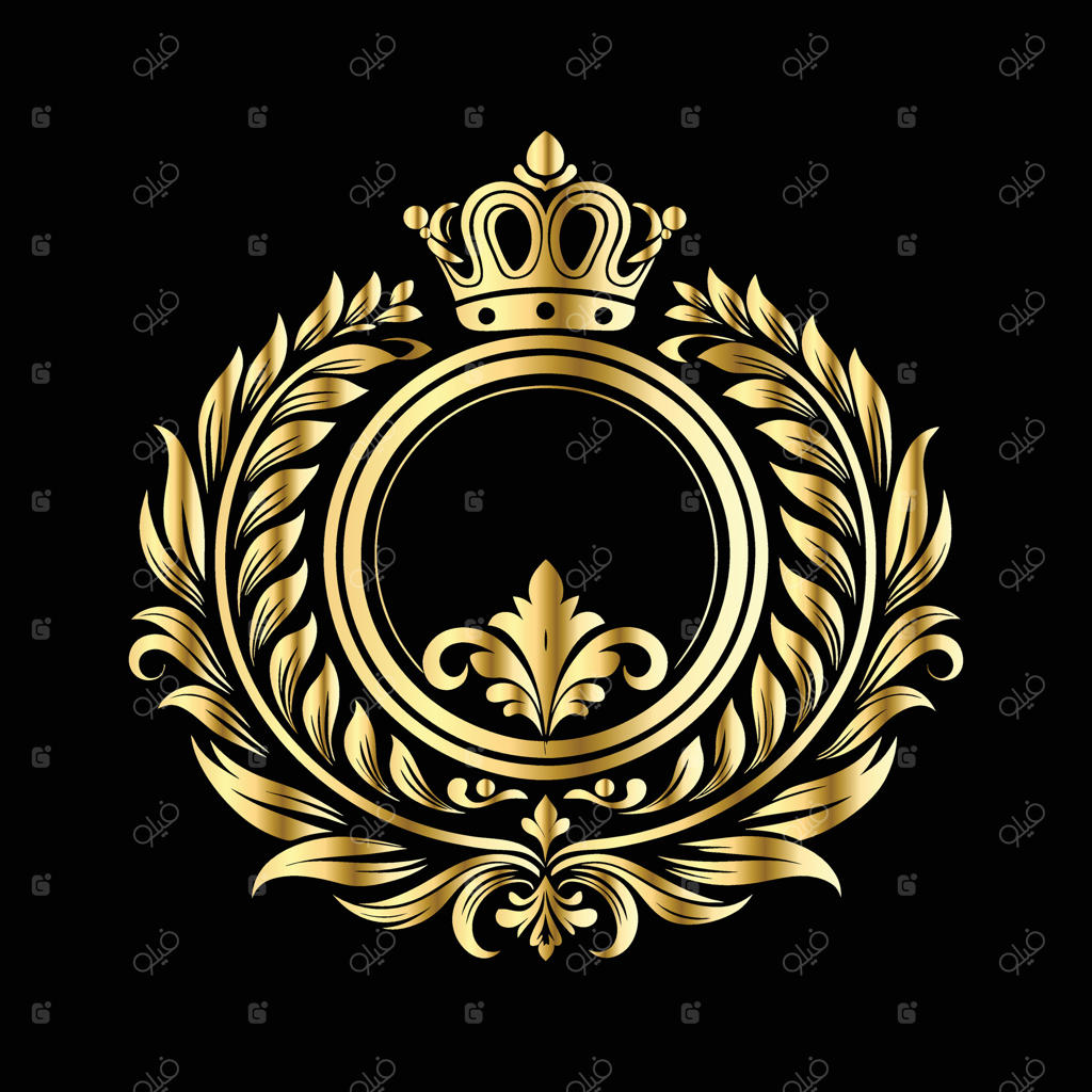 تاج طلایی با حلقه برگ‌های غار بر زمینه سیاه.
