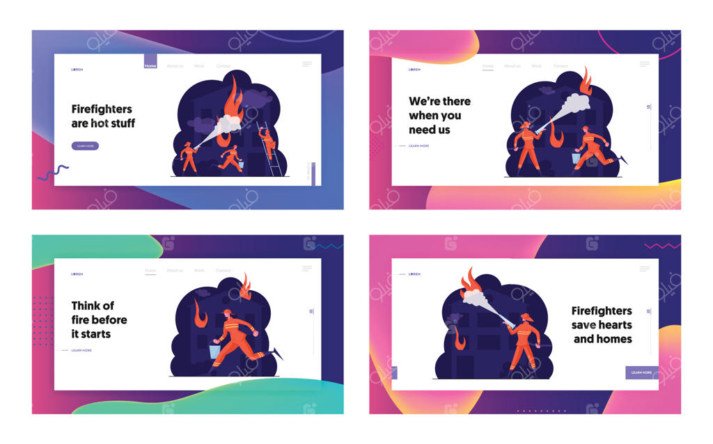 مجموعه طرح صفحه فرود وب‌سایت با موضوع نبرد آتش‌نشانان با آتش؛ شخصیت‌های مرد با لباس ایمنی در حال پاشیدن آب روی خانه در حال سوختن، بنر صفحه وب با موضوع حرفه آتش‌نشانی، تصویرسازی کارتونی به سبک تخت.