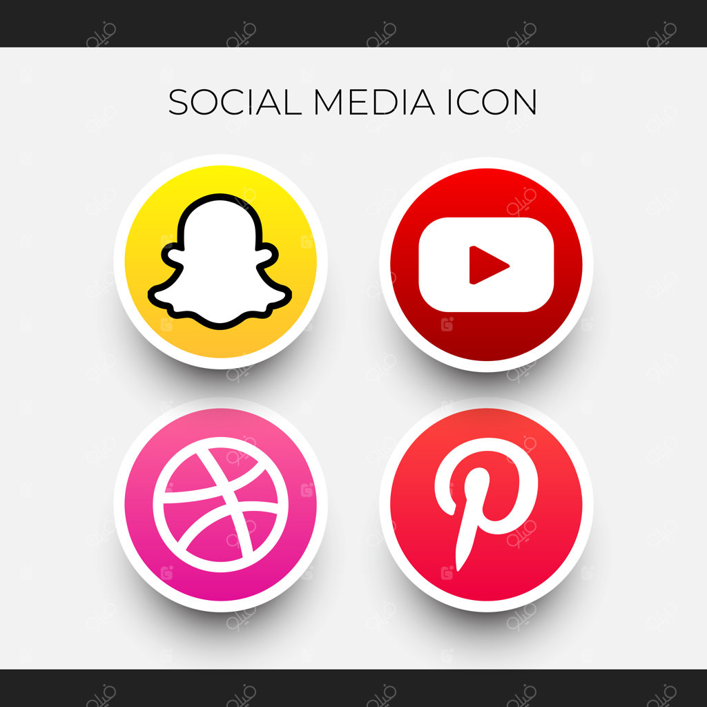آیکون‌های شبکه‌های اجتماعی اسنپ‌چت، یوتیوب، پینترست و دریبل