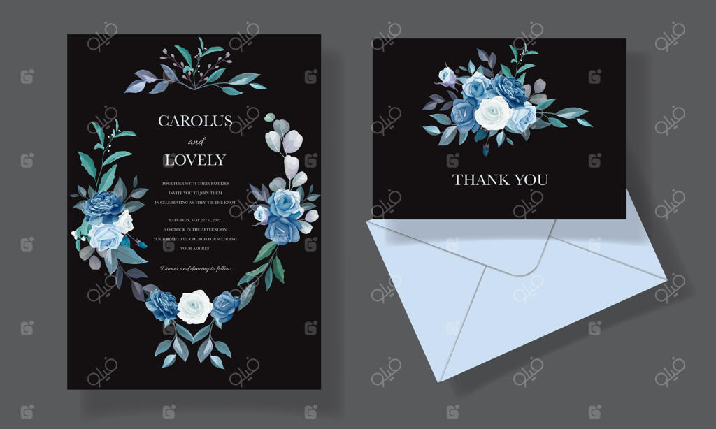 مجموعه قالب دعوتنامه عروسی با دسته گل‌های آبی زیبا و حاشیه‌های تزئینی