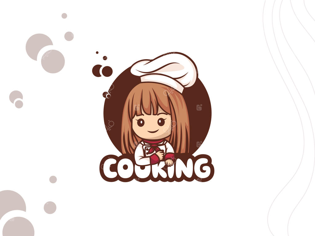 لوگو دختر سرآشپز کارتونی بامزه، با سبکی بازیگوش و دوستانه، مناسب برای برندسازی و طراحی‌های آشپزی