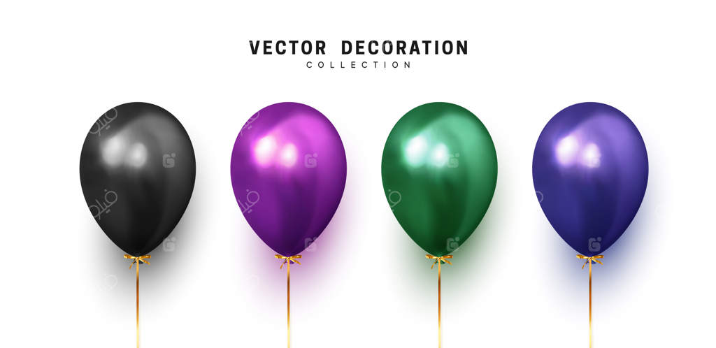 مجموعه بادکنک‌های هلیومی: طراحی واقع‌گرایانه سه‌بعدی بادکنک‌ها با روبان. عناصر تزئینی جشن. ایزوله روی پس‌زمینه سفید. تصویر برداری.