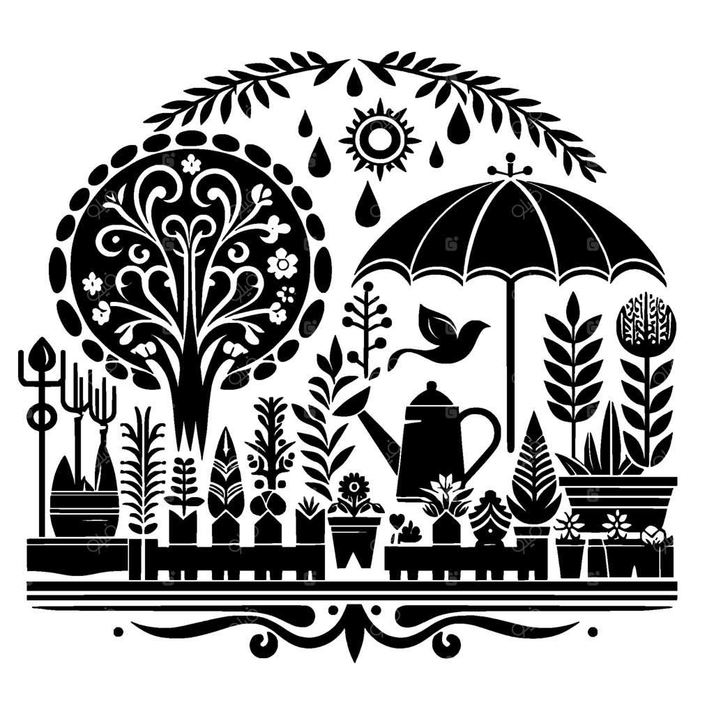 تصویری هنری و سیاه و سفید از یک باغ، با درختان، گیاهان، ابزار باغبانی، چتر، آبپاش و یک پرنده.