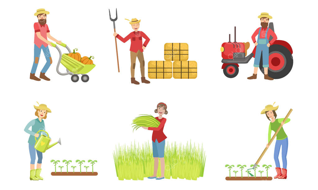 مجموعه افرادی که در مزرعه و باغ کار می‌کنند، تصویر شخصیت‌های کشاورز مرد و زن که مشغول برداشت محصول، آبیاری گیاهان و کار با تراکتور هستند.