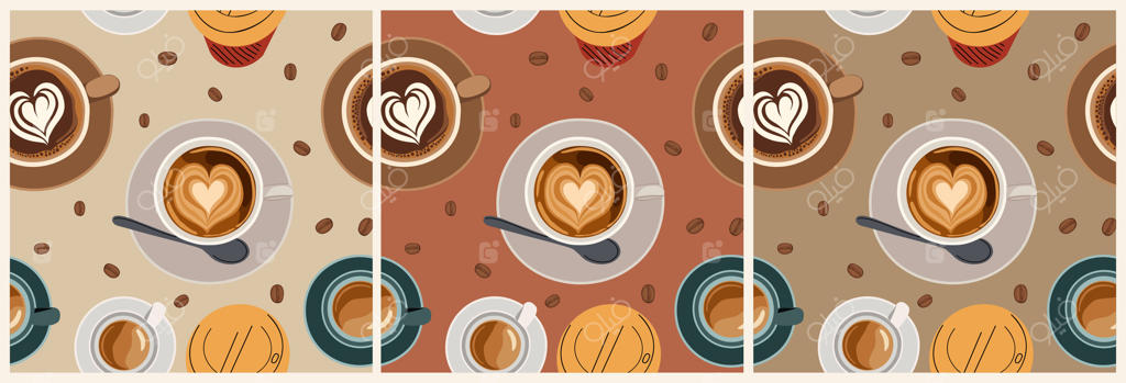 پترن یکپارچه قهوه با نمای بالا از فنجان‌ها و دانه‌ها