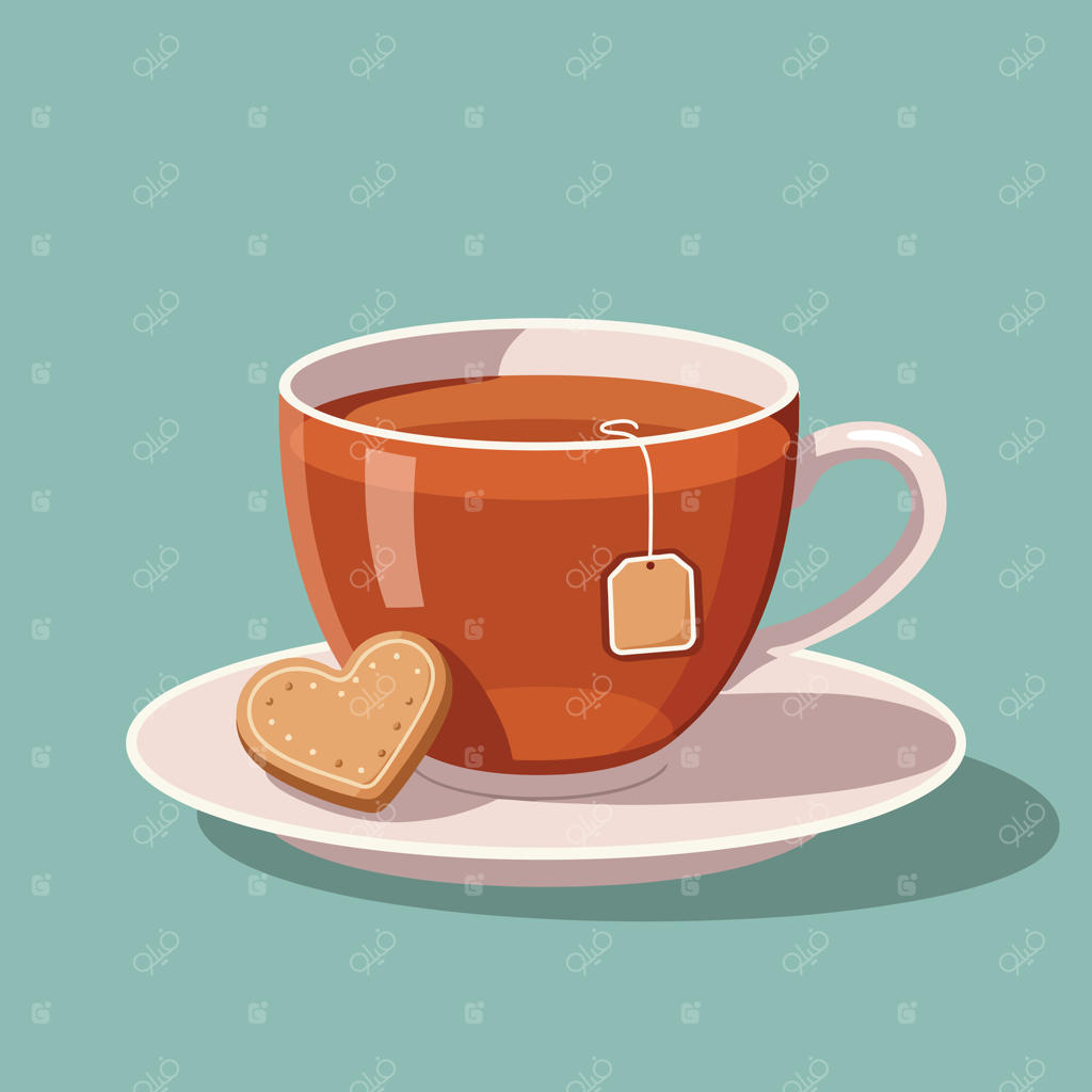 تصویر فنجان چای با کلوچه قلبی روی نعلبکی سفید در پس‌زمینۀ سبز نعناعی