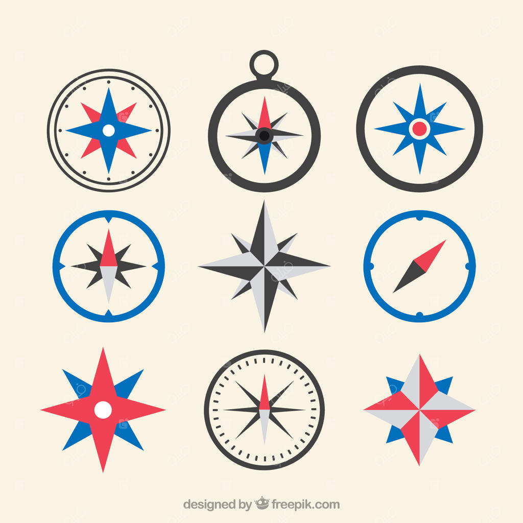 مجموعه‌ای از قطب‌نما‌های تخت و نقشه‌ها