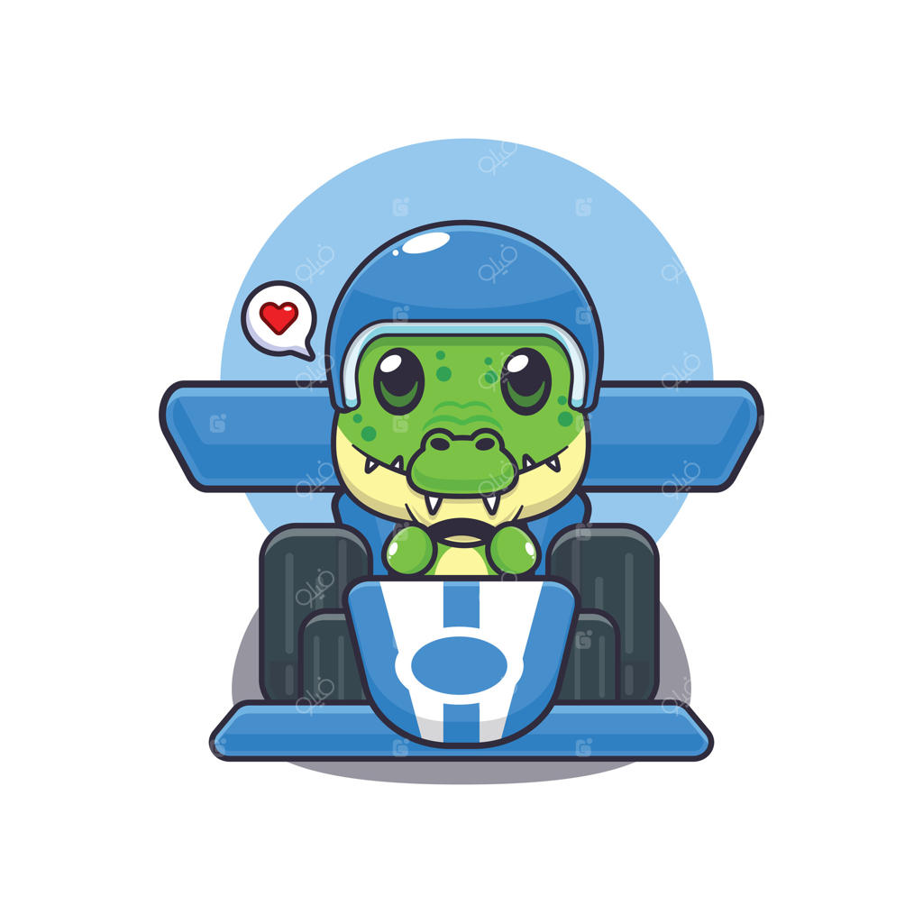 تصویر بامزه کارتون شخصیت ماسکات کروکودیل در حال رانندگی ماشین مسابقه‌ای