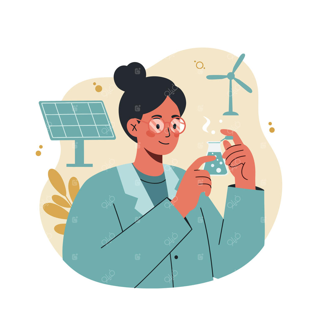 تصویر دانشمند زن محیط زیست در حال انجام آزمایش انرژی‌های تجدیدپذیر با استفاده از پنل خورشیدی و توربین بادی