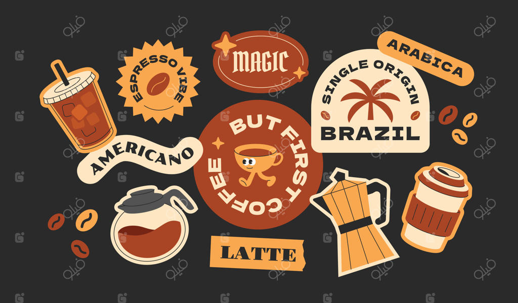 مجموعه استیکرهای قهوه به سبک هیپستر و Y2K - دانه، عربیکا، فنجان قهوه