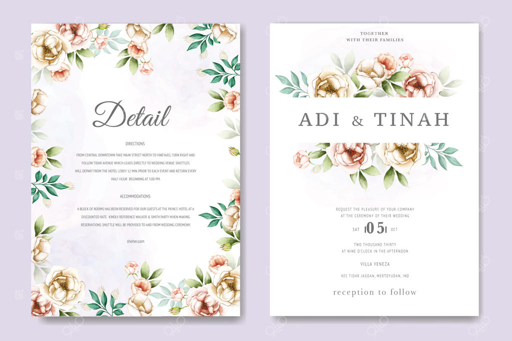 دعوتنامه عروسی با قاب گل‌ آبرنگی