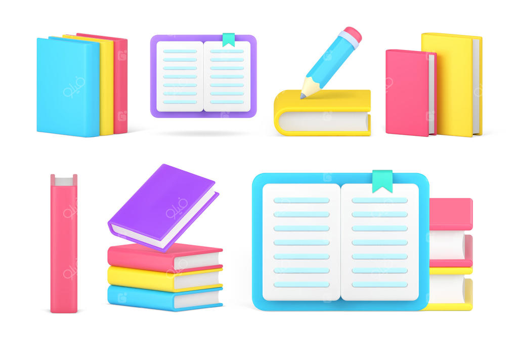 یادگیری و آموزش: تحصیل با کتاب، دفترچه و نمادهای سه‌بعدی واقعی