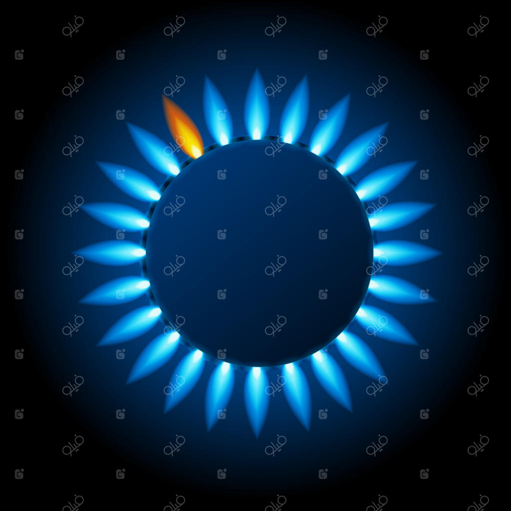 آشپزخانه سه‌بعدی واقع‌گرایانه با شعله گاز طبیعی و انعکاس‌های آبی. وکتور