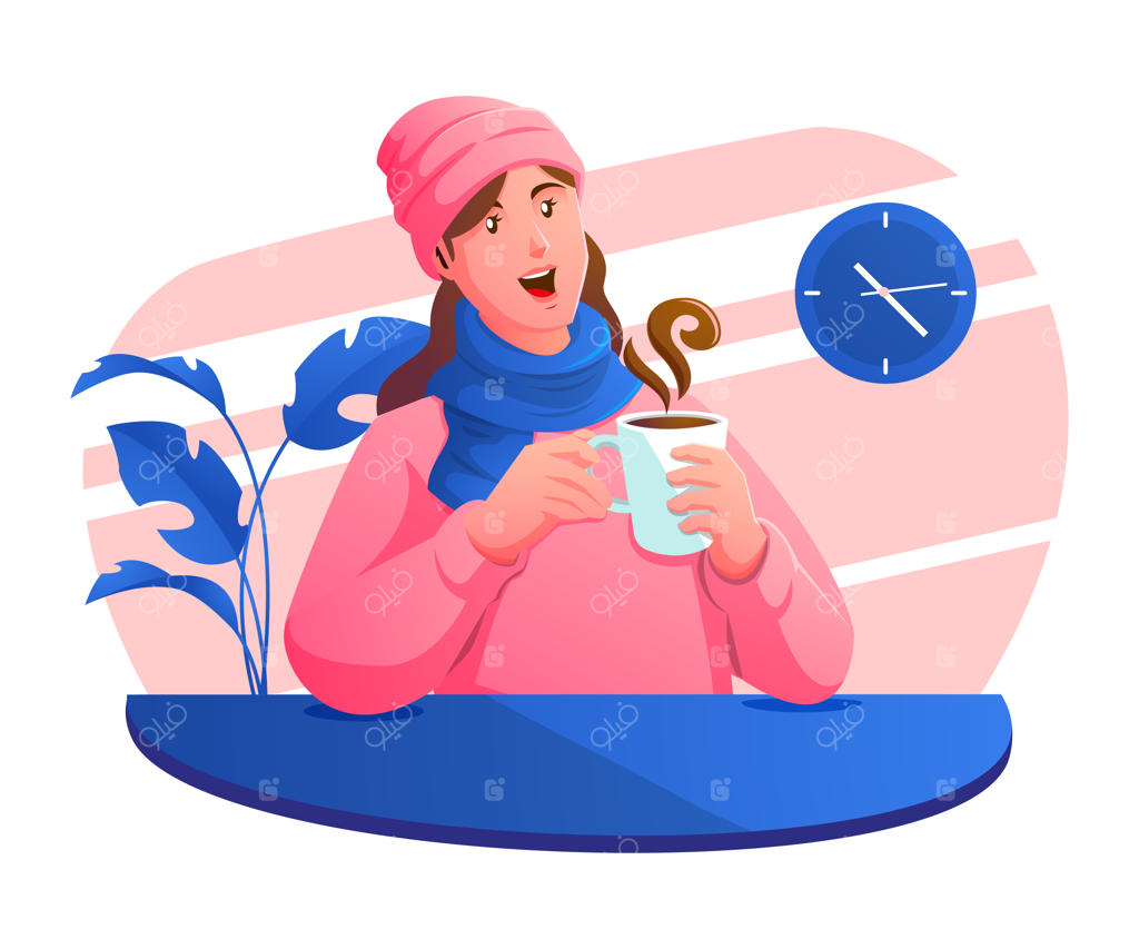 زنی لباس گرم پوشیده و یک فنجان نوشیدنی گرم می‌نوشد.