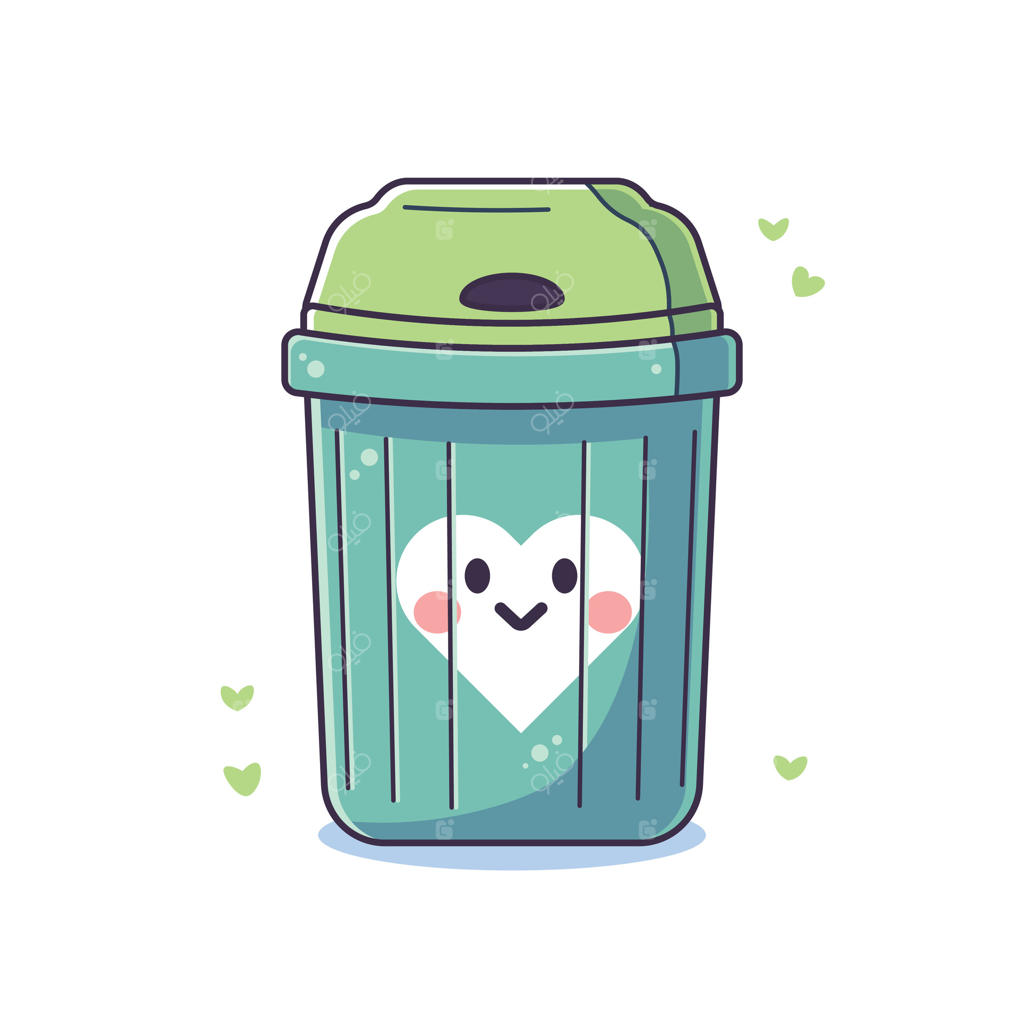 سطل زباله بامزه با آیکون قلب؛ تصویرسازی وکتور به سبک کارتونی