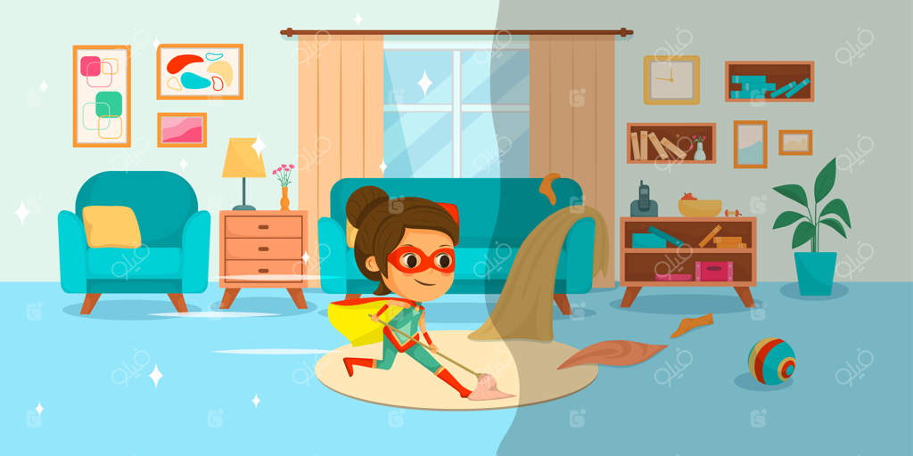 کارتون ابرقهرمان‌های کودک: دختر بچه‌ای در لباس سوپرمن در حال تی کشیدن کف خانه