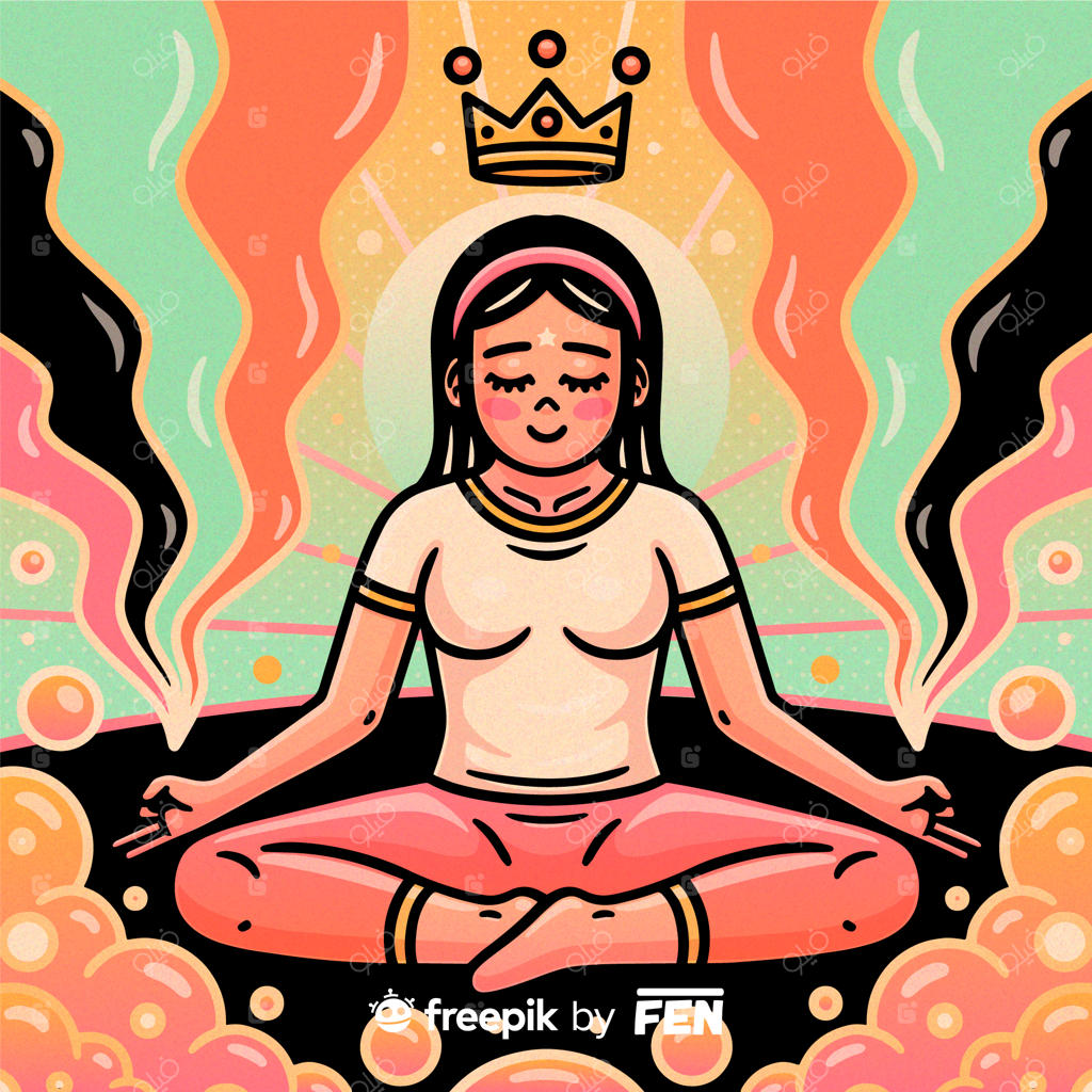 تصویرسازی ملکه جوان با تاج در حال انجام حرکت یوگا