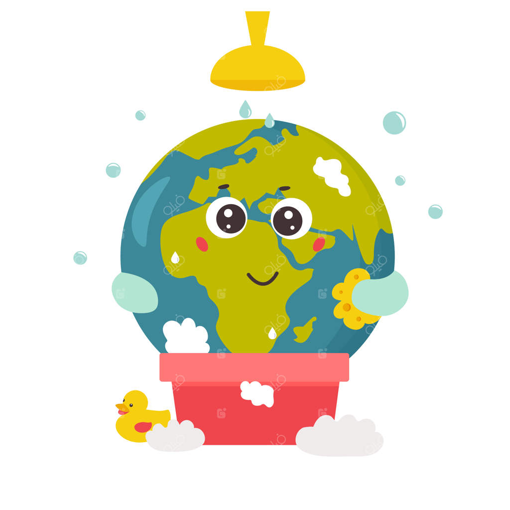 پوستر پرجنب‌وجوش با سیاره کارتونی در حال دوش گرفتن