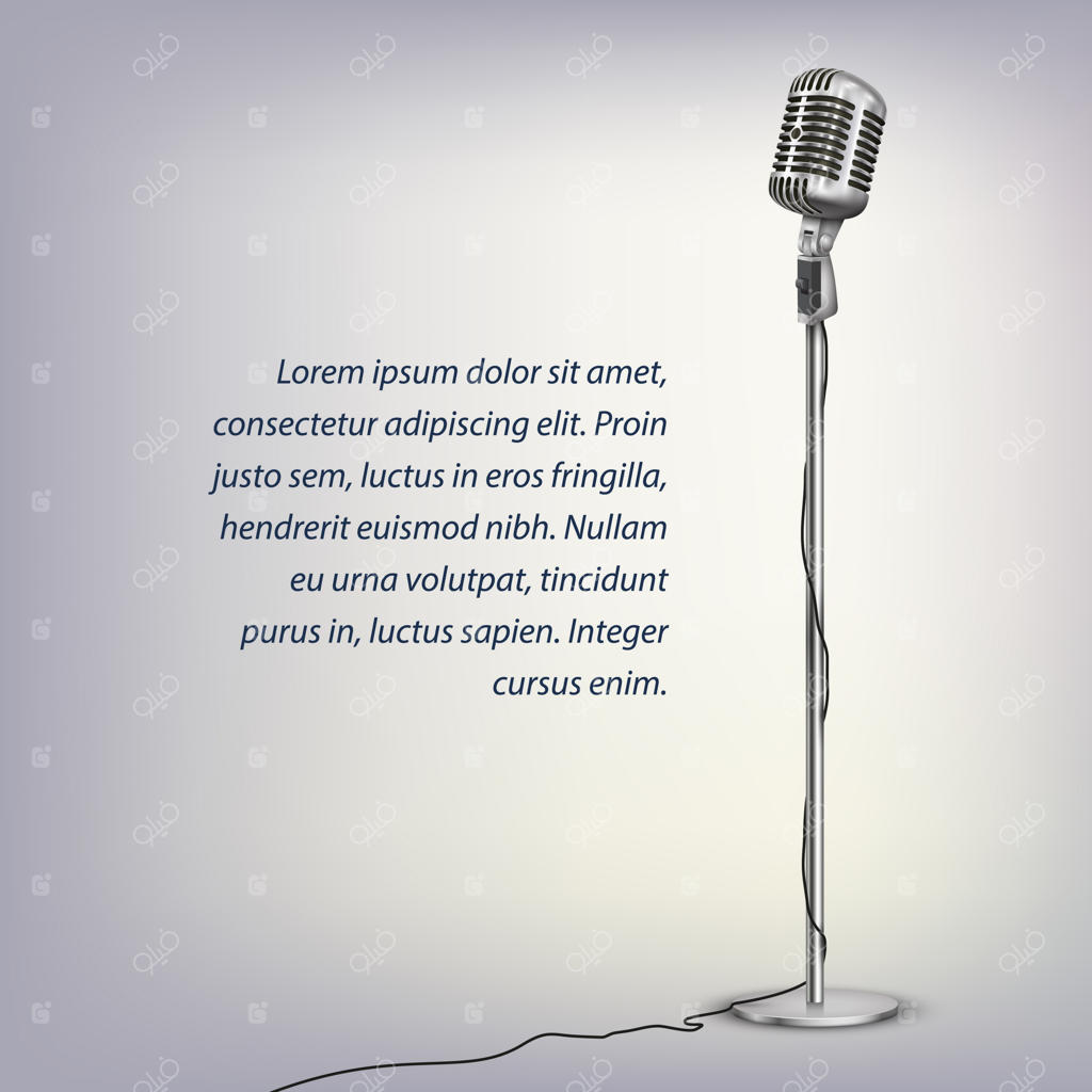 میکروفون نقره‌ای کلاسیک با کابل روی پایه کف و متن روی زمینه روشن