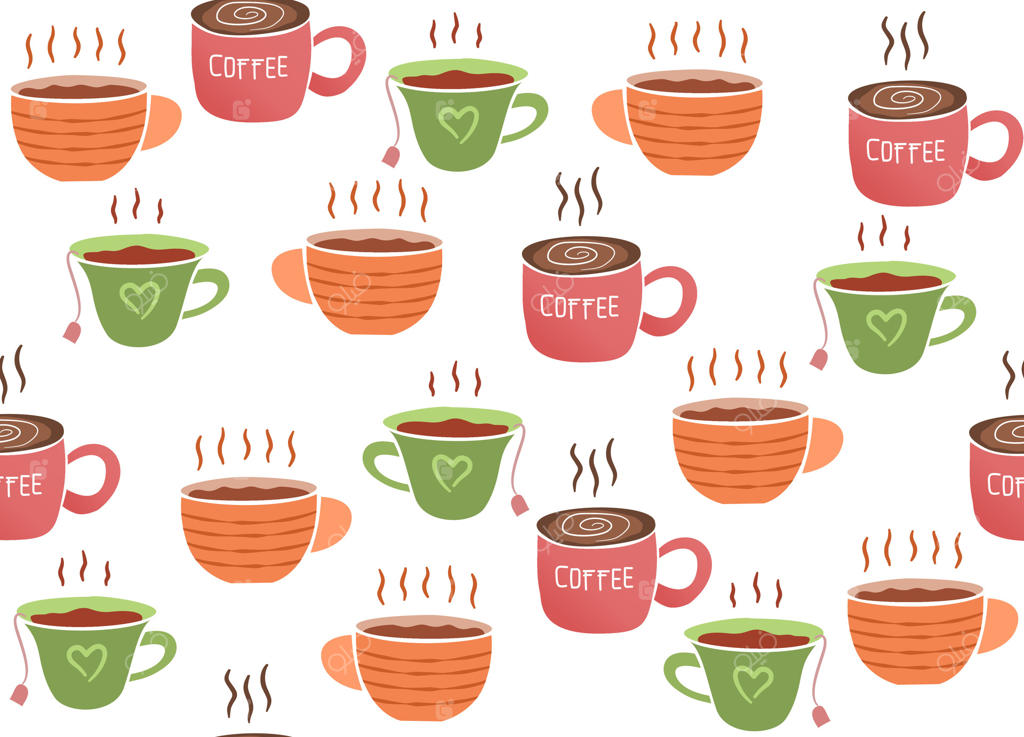 پترن یکپارچه با فنجان‌های پرنده قهوه و چای. فنجان‌های رنگارنگ و جذاب با بخار، پس‌زمینه رستورانی.