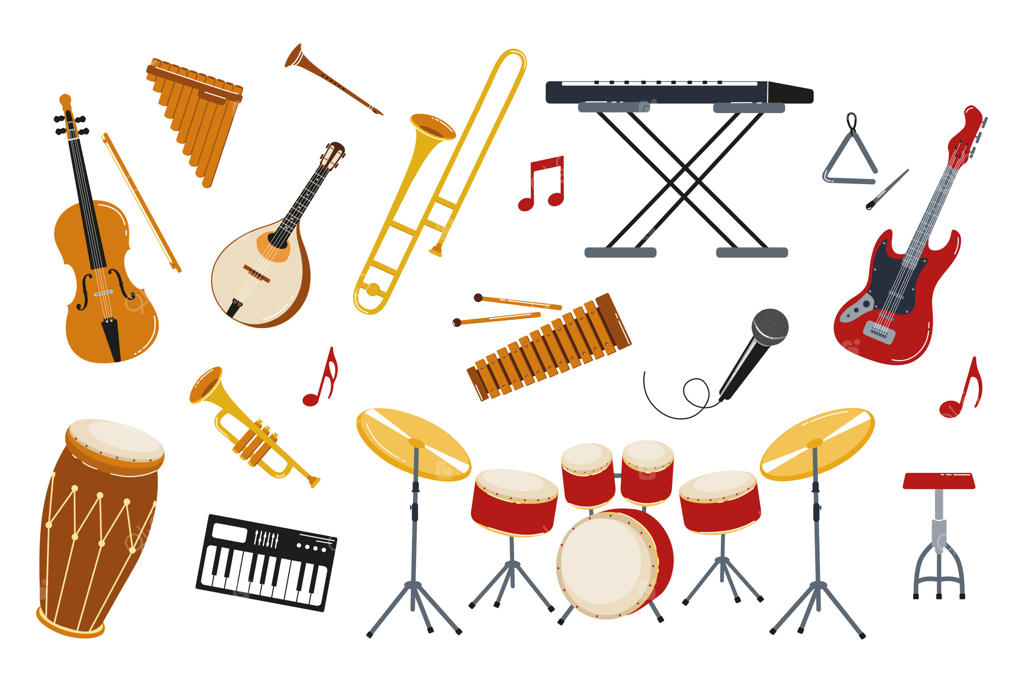 تنوعی از سازهای موسیقی بر زمینه سفید برای پروژه‌های طراحی خلاقانه