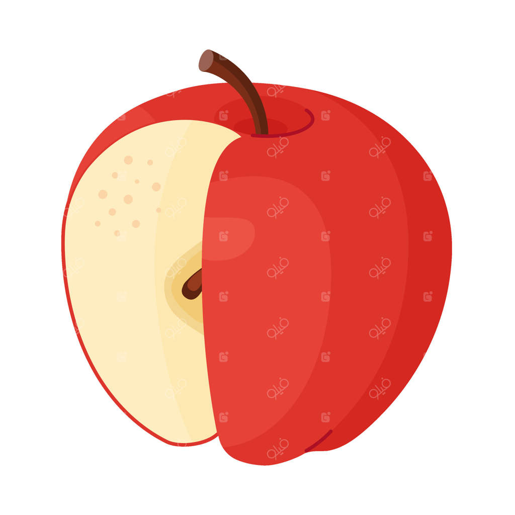 سیب قرمز تازه با بخشی بریده شده، میوه باغ تازه. تصویر سیب بریده شده، طراحی دستی مواد غذایی، سبک ساده، جدا شده در پس‌زمینه شفاف. تصویرسازی سیب قرمز خوشمزه