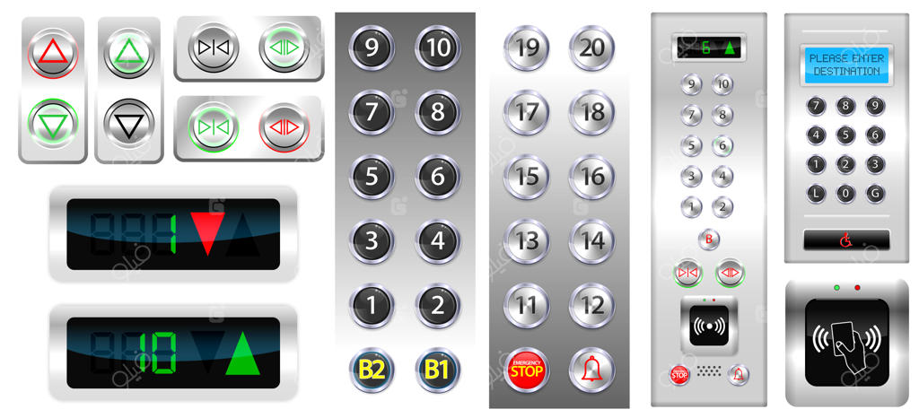 مجموعه دکمه‌های واقع‌گرایانه آسانسور با جنس فلز کروم