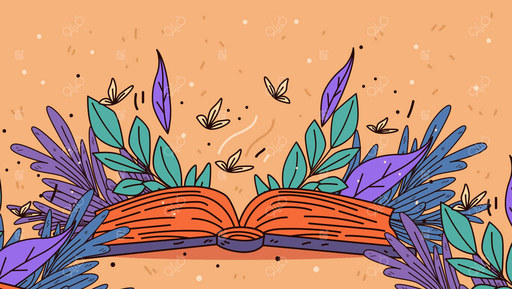 کتاب باز با برگ‌ها و پروانه‌ها: طراحی قالب دکوراتیو با زمینه‌ نارنجی و رنگ‌های زنده الهام‌گرفته از طبیعت