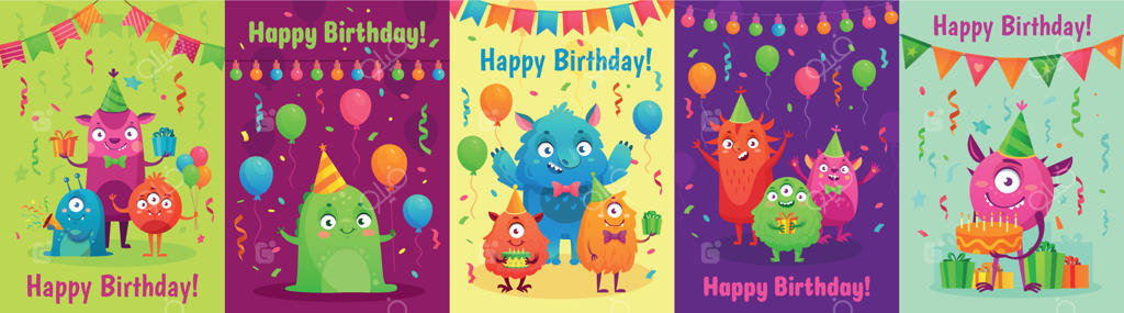 کارت تبریک تولد هیولاها: کارت تبریکی با هیولاهای بامزه به همراه هدیه‌های تولد، دعوت‌نامه برای جشن کودکان و مجموعه‌ای از طرح‌های کارتونی هیولاهای دوستانه.