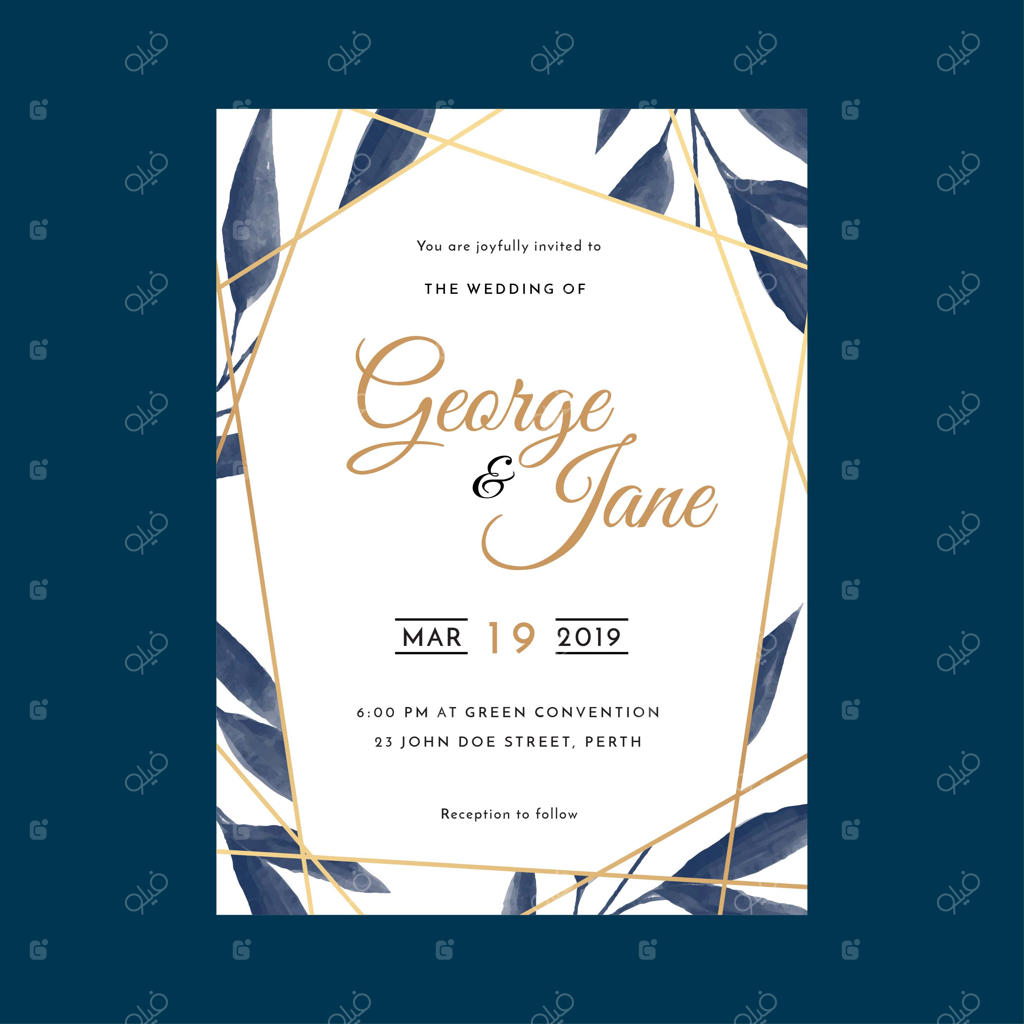 قالب دعوتنامه عروسی گلدار آبرنگی با قاب هندسی