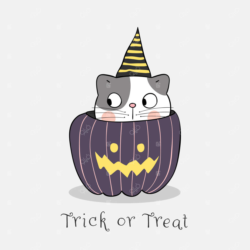 طراحی گربه‌ای با کلاه جادوگری در یک کدو تنبل برای هالووین.