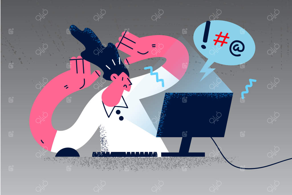 زن کارمند مضطرب که به دلیل خطا یا مشکل اینترنتی به صفحه رایانه خیره شده است. زن کسب‌وکار پریشان به‌خاطر خرابی رایانه. مفهوم ویروس یا اسپم. تصویر برداری.