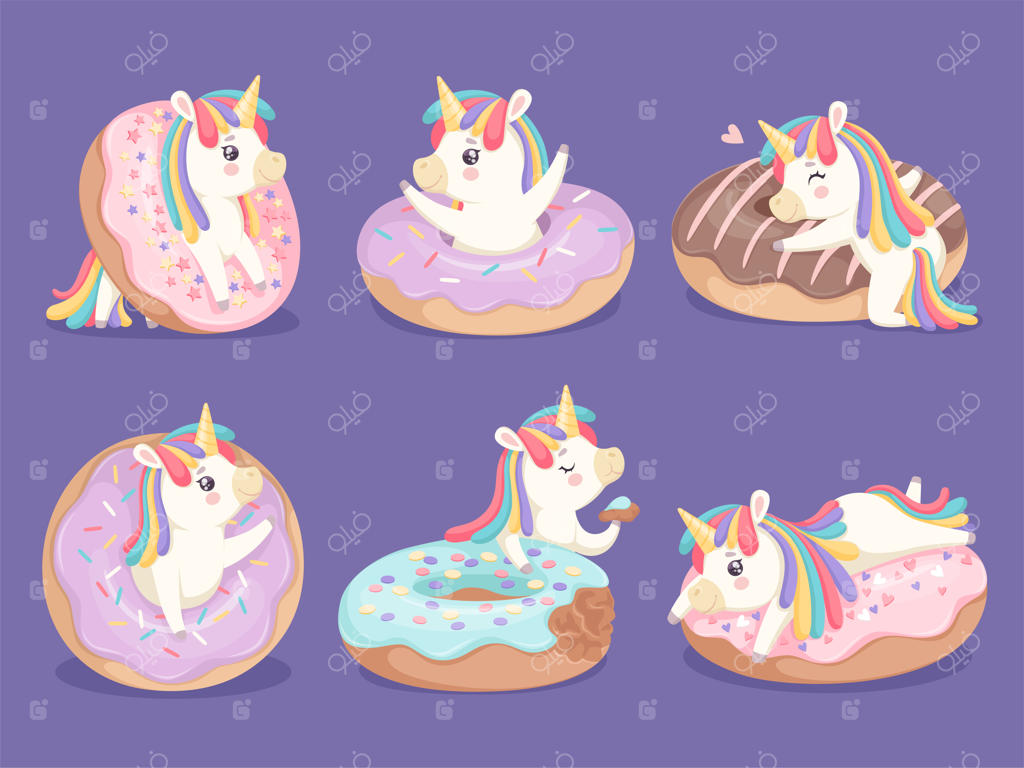 دسر تک‌شاخ: اسبچه بامزه و جادویی با دونات‌ها و شیرینی‌ها. تصویرسازی شاد از اسب شاخدار دوست‌داشتنی و خیال‌انگیز